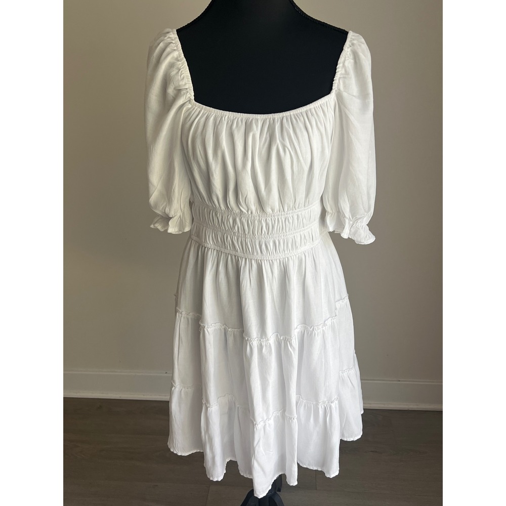 Trixxi Women's White Smocked Tiered Puff Sleeve Dress Cottage-core Milkmaid L
